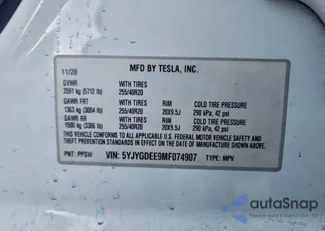 2021 Tesla Model Y из США, поврежденный, VIN 5YJYGDEE9MF074907